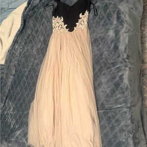 Blondie Nites Black and Cream Tulle Prom Dress with Lace Appliqué